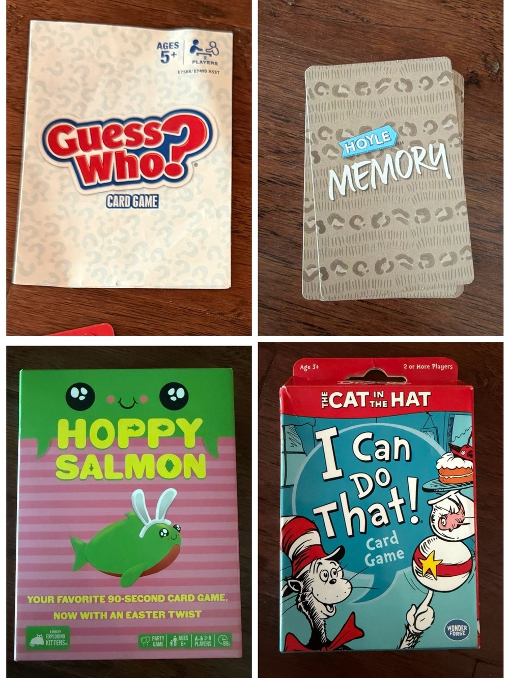 Set of 4 Card Games - Guess Who?, Memory, Hoppy Salmon, & I Can Do that!